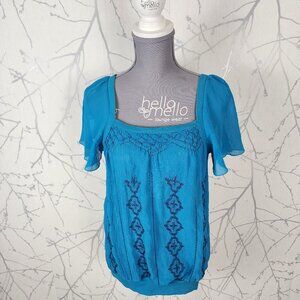 Espirit Blue Artsy Embroidered Square Neck Top
